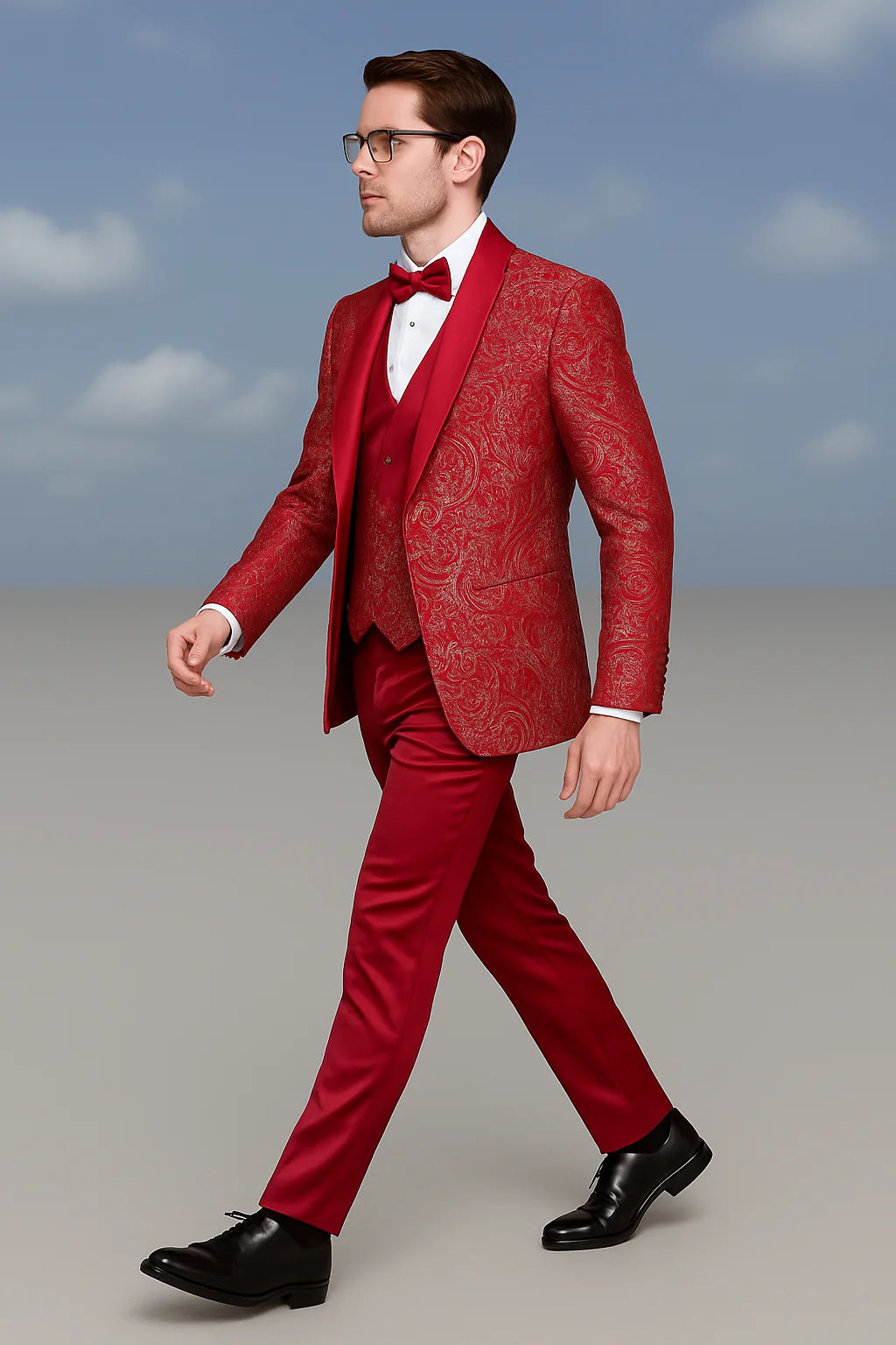Men’s Red Paisley Brocade Prom Tuxedo with Vested Double Breasted Suit – Wedding Ready - Image 2