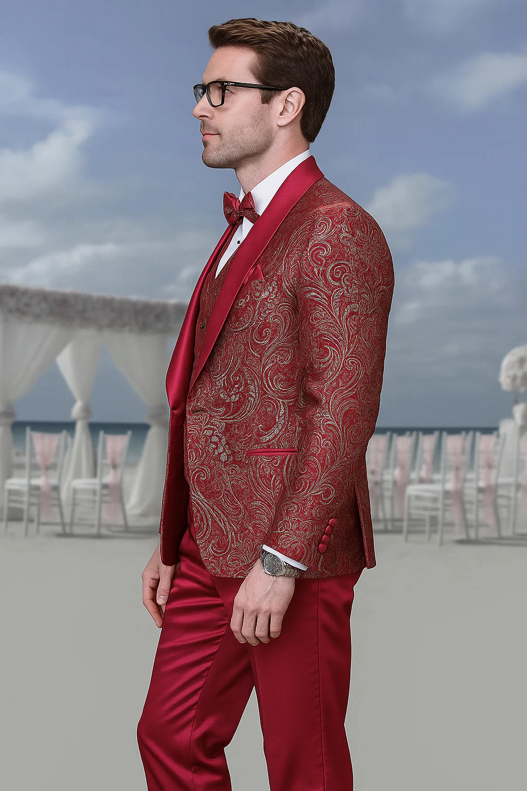 Men’s Red Paisley Brocade Prom Tuxedo with Vested Double Breasted Suit – Wedding Ready - Image 4