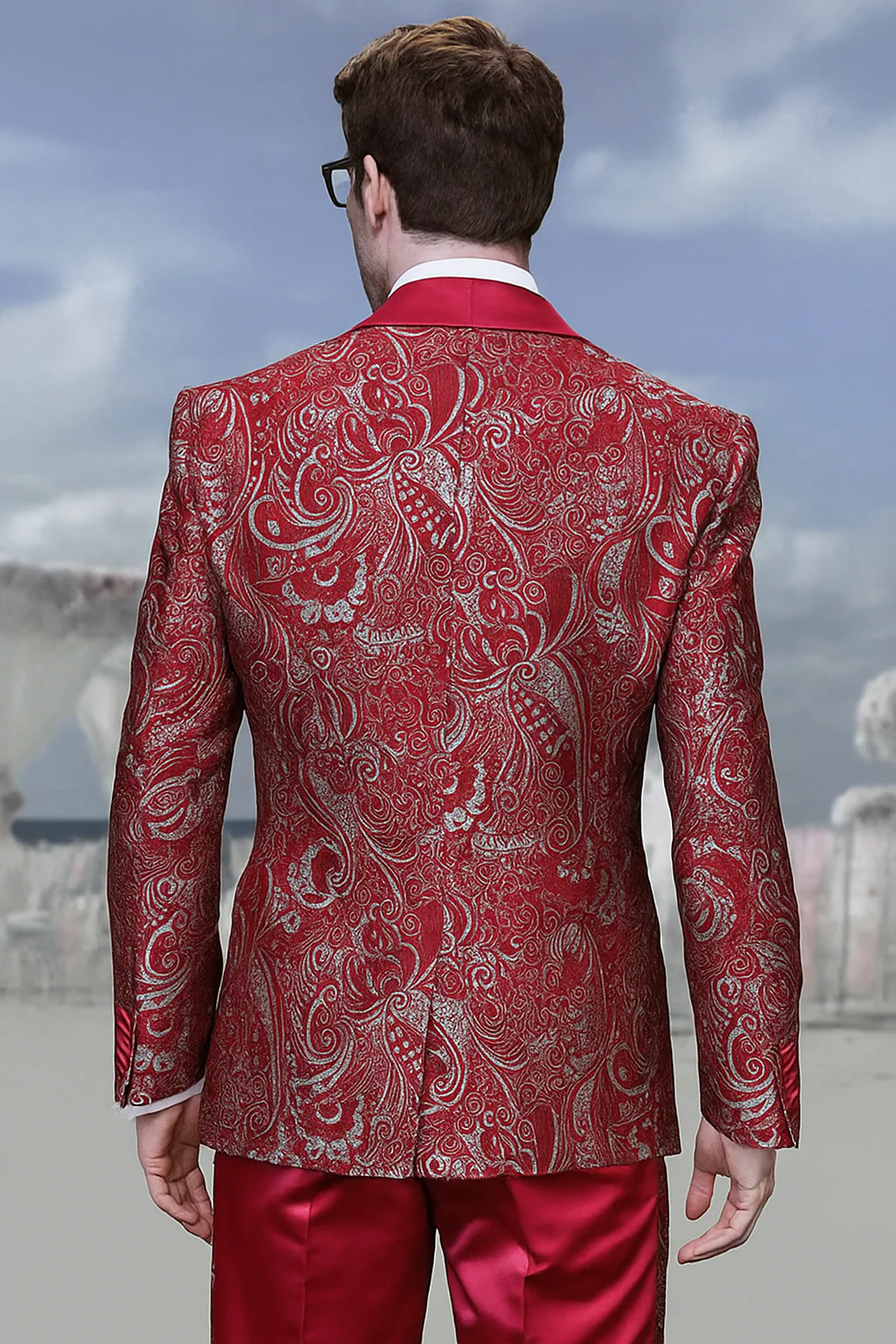 Men’s Red Paisley Brocade Prom Tuxedo with Vested Double Breasted Suit – Wedding Ready - Image 5