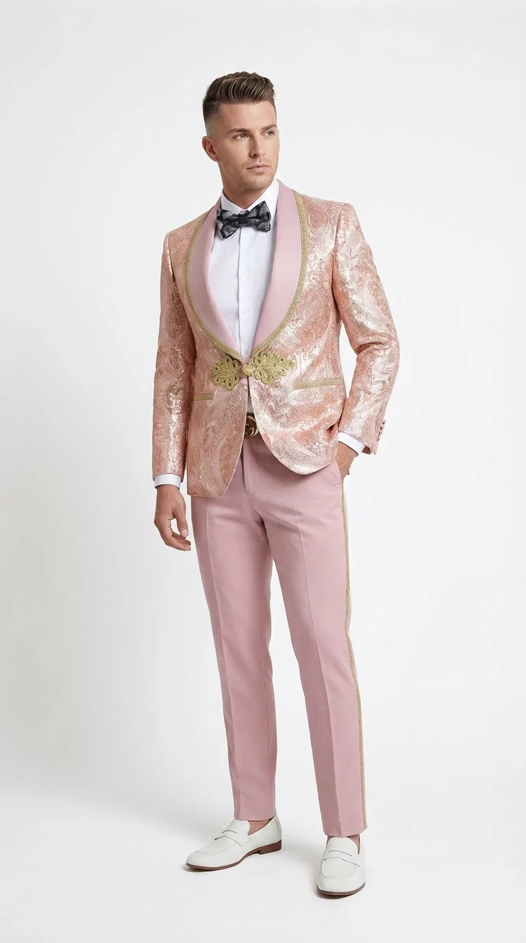 Men’s Rose Gold Pink Prom Tuxedo Suit – Slim Fit Paisley Pattern Formal Tuxedo Suit for Prom, Wedding and Special Events - Image 2