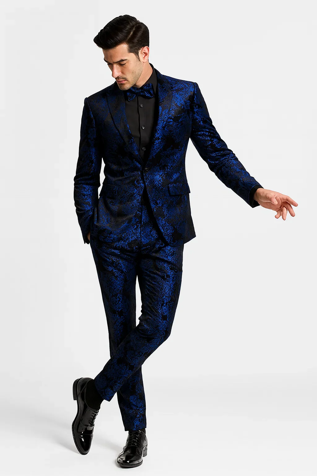 Men’s Royal Blue and Black Floral Tuxedo Suit – Slim Fit 2 Piece Formal Outfit with Matching Bow Tie