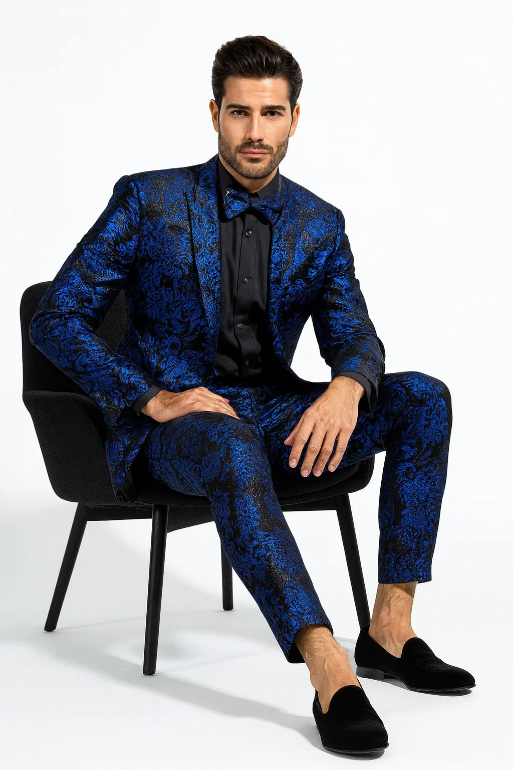 Men’s Royal Blue and Black Floral Tuxedo Suit – Slim Fit 2 Piece Formal Outfit with Matching Bow Tie - Image 6