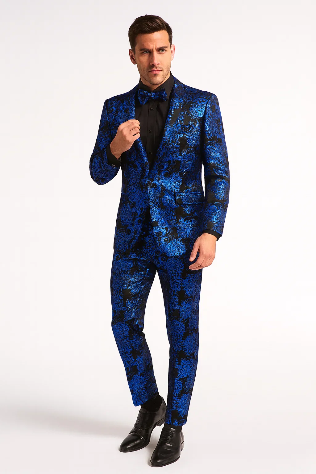 Men’s Royal Blue and Black Floral Tuxedo Suit – Slim Fit 2 Piece Formal Outfit with Matching Bow Tie - Image 8