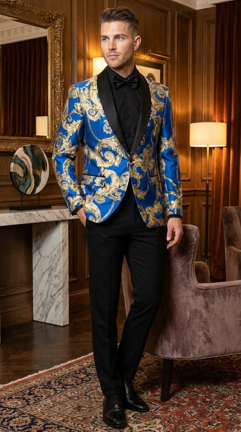 Men’s Royal Blue and Gold Blazer Jacket – Luxury Floral Pattern Tuxedo Blazer, Formal Party Wedding Dinner Jacket, Stylish Evening Wear - Image 10