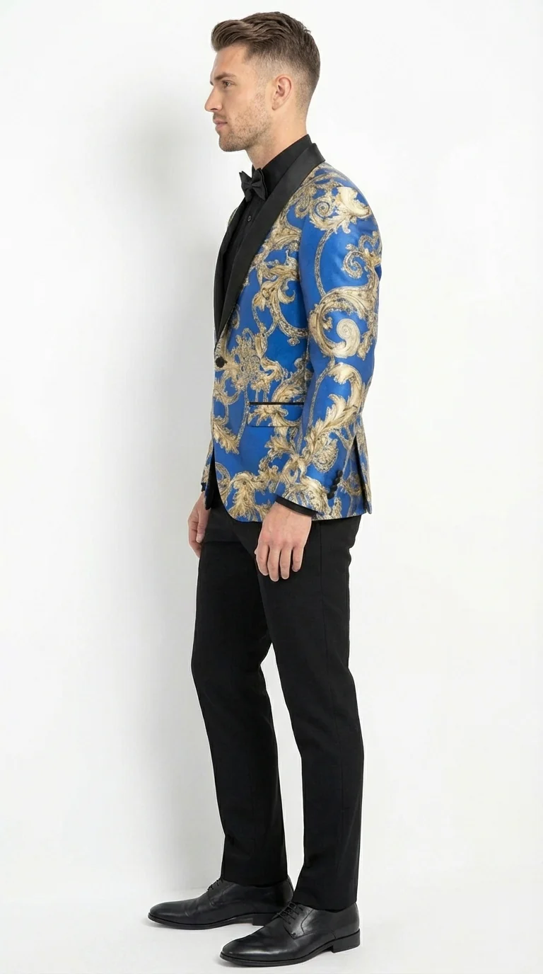 Men’s Royal Blue and Gold Blazer Jacket – Luxury Floral Pattern Tuxedo Blazer, Formal Party Wedding Dinner Jacket, Stylish Evening Wear - Image 12