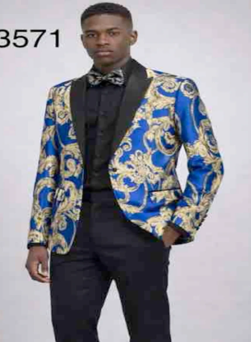 Men’s Royal Blue and Gold Blazer Jacket – Luxury Floral Pattern Tuxedo Blazer, Formal Party Wedding Dinner Jacket, Stylish Evening Wear - Image 14