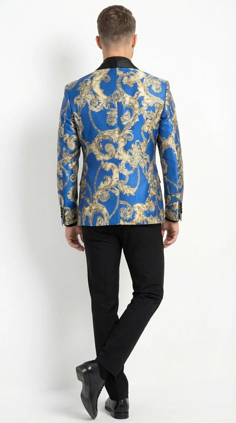 Men’s Royal Blue and Gold Blazer Jacket – Luxury Floral Pattern Tuxedo Blazer, Formal Party Wedding Dinner Jacket, Stylish Evening Wear - Image 2
