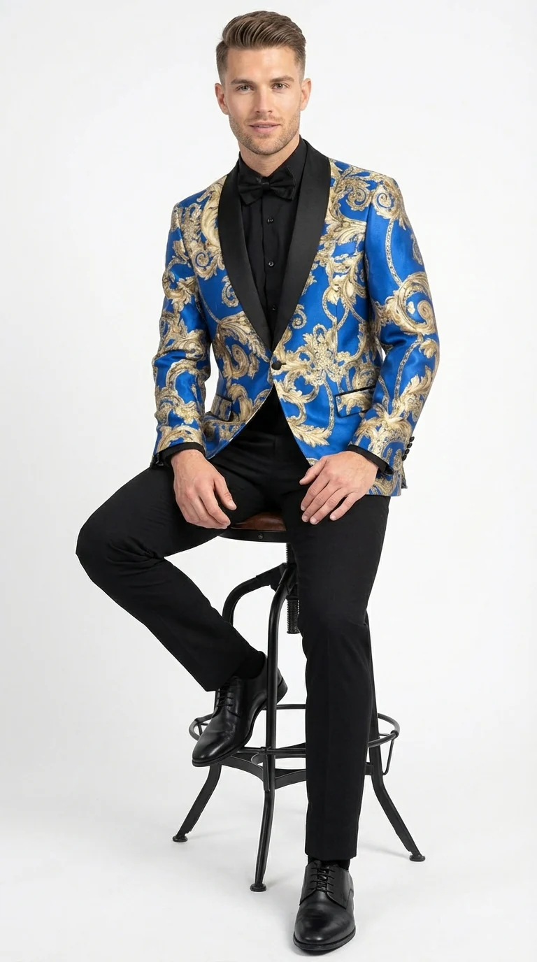 Men’s Royal Blue and Gold Blazer Jacket – Luxury Floral Pattern Tuxedo Blazer, Formal Party Wedding Dinner Jacket, Stylish Evening Wear - Image 4