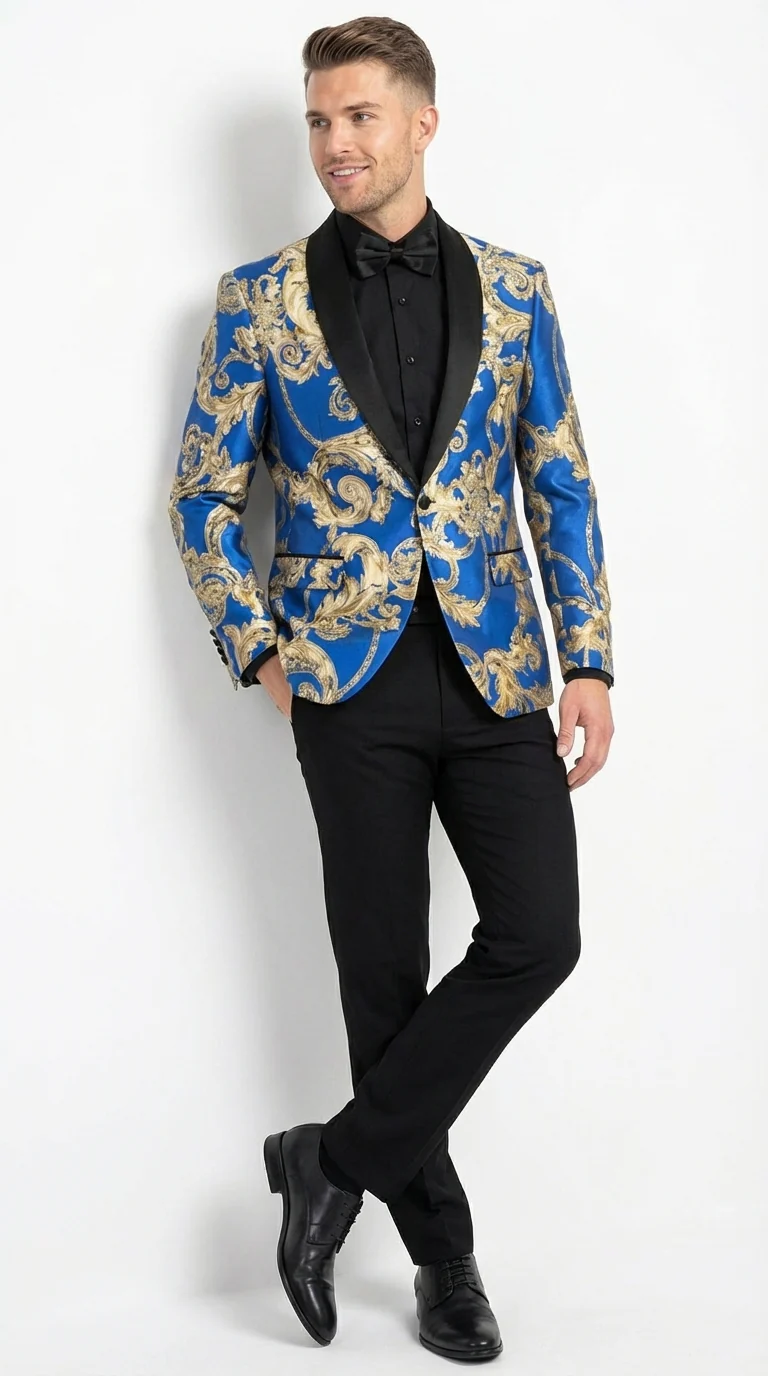Men’s Royal Blue and Gold Blazer Jacket – Luxury Floral Pattern Tuxedo Blazer, Formal Party Wedding Dinner Jacket, Stylish Evening Wear - Image 5