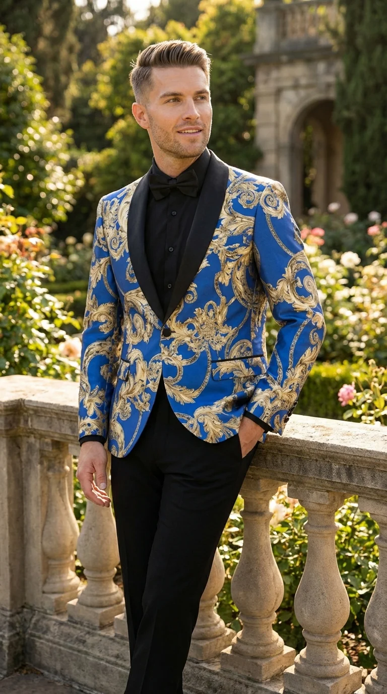 Men’s Royal Blue and Gold Blazer Jacket – Luxury Floral Pattern Tuxedo Blazer, Formal Party Wedding Dinner Jacket, Stylish Evening Wear - Image 8