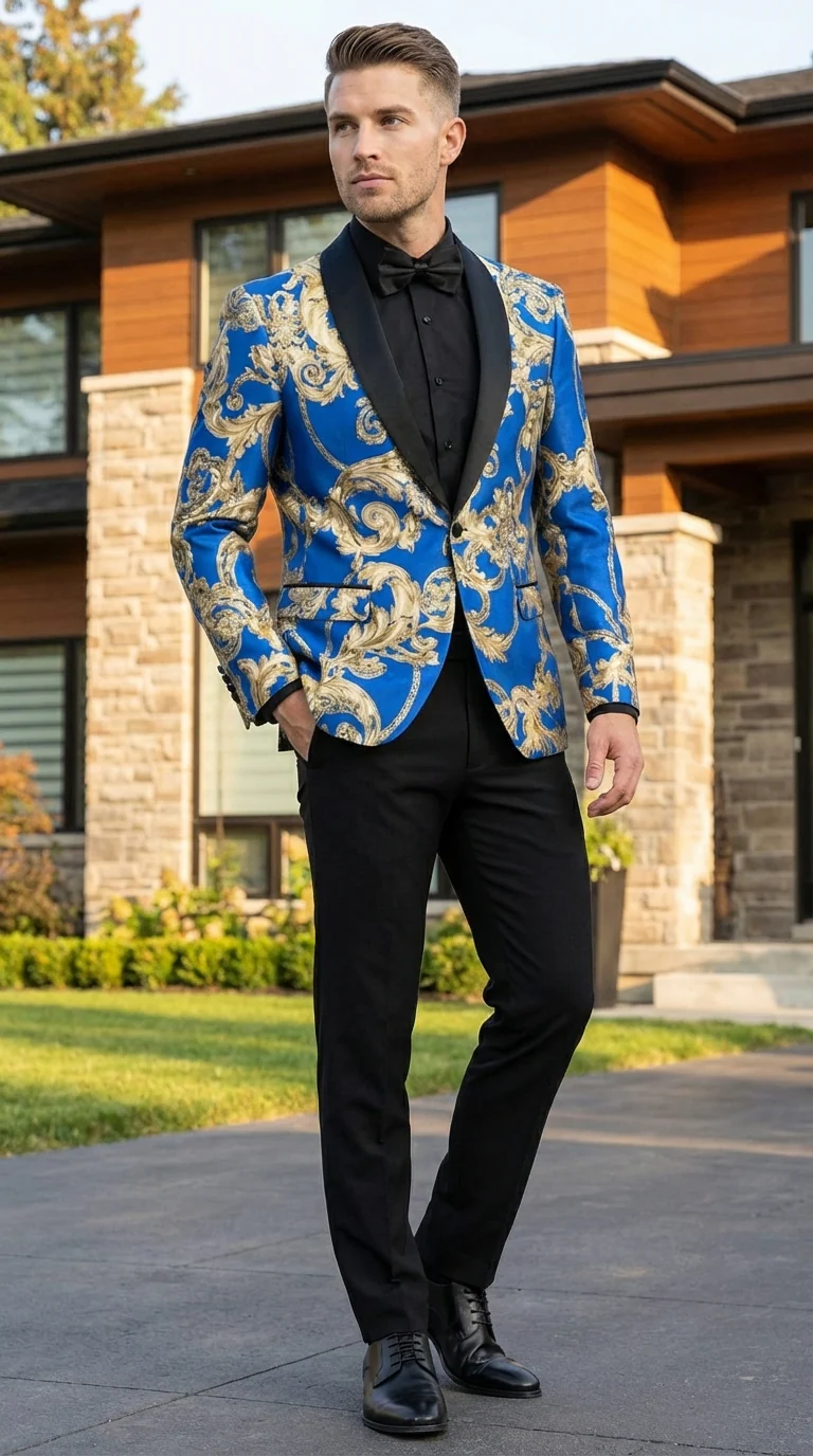 Men’s Royal Blue and Gold Blazer Jacket – Luxury Floral Pattern Tuxedo Blazer, Formal Party Wedding Dinner Jacket, Stylish Evening Wear - Image 9