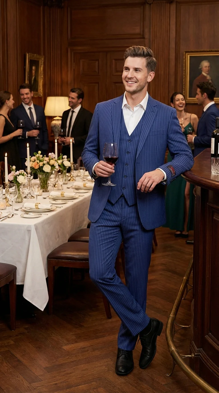 Men’s Royal Blue Pinstripe Three Piece Suit – Classic Formal 3PC Business and Wedding Suit Indigo Teal Saphire Pinstripe - Image 12