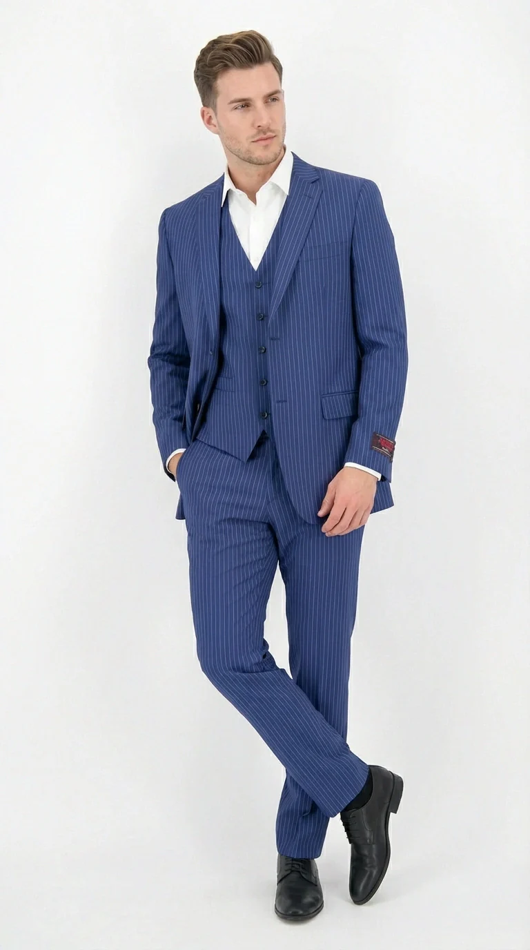 Men’s Royal Blue Pinstripe Three Piece Suit – Classic Formal 3PC Business and Wedding Suit Indigo Teal Saphire Pinstripe - Image 13