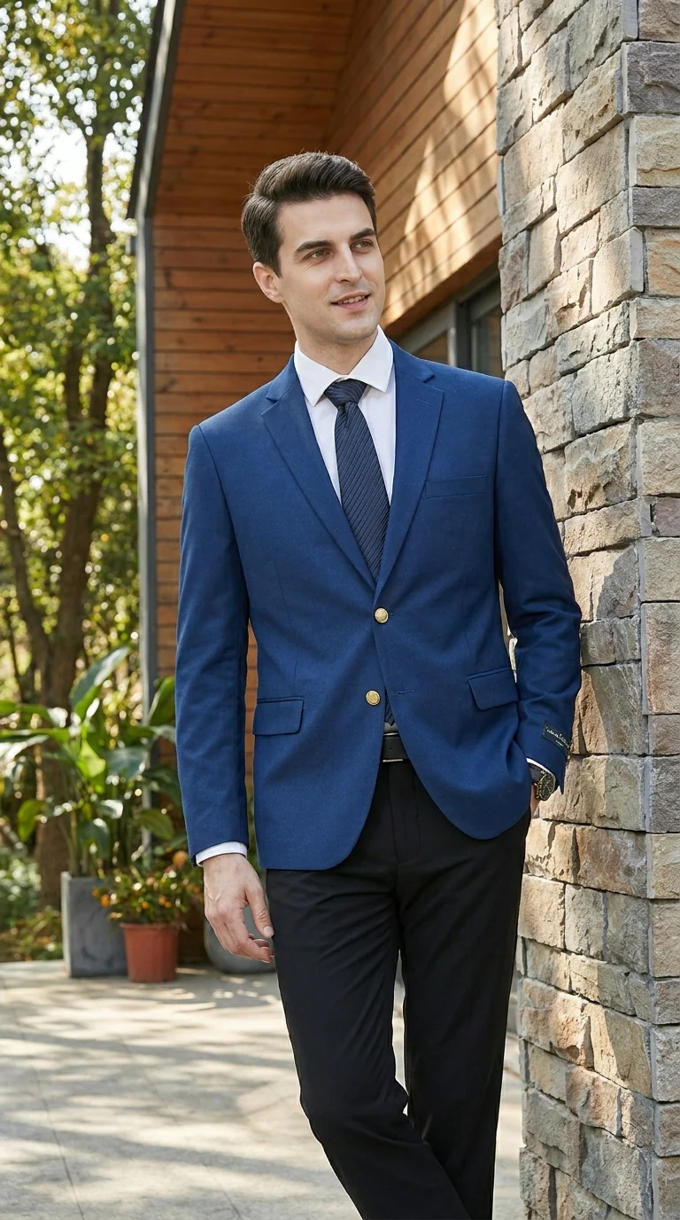Men’s Sapphire Indigo Cobalt Blue Blazer with Gold Buttons – Classic Single Breasted Formal Business Jacket for Office, Wedding - Image 10