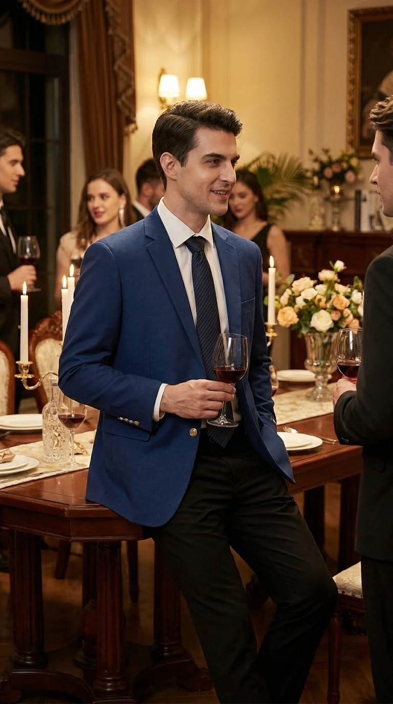 Men’s Sapphire Indigo Cobalt Blue Blazer with Gold Buttons – Classic Single Breasted Formal Business Jacket for Office, Wedding - Image 11