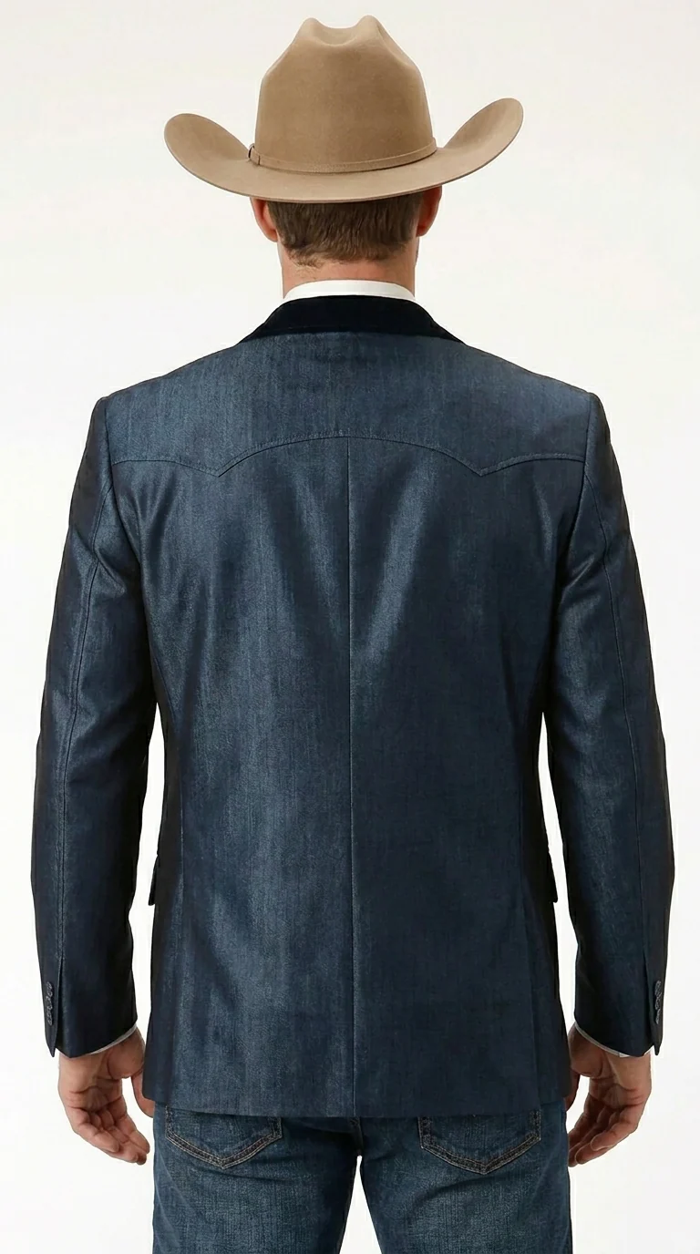 Men’s Sapphire Indigo Western Cowboy Blazer – Classic Western Style Jacket, Country Casual Dress Blazer in Navy Blue with sheen - Image 2