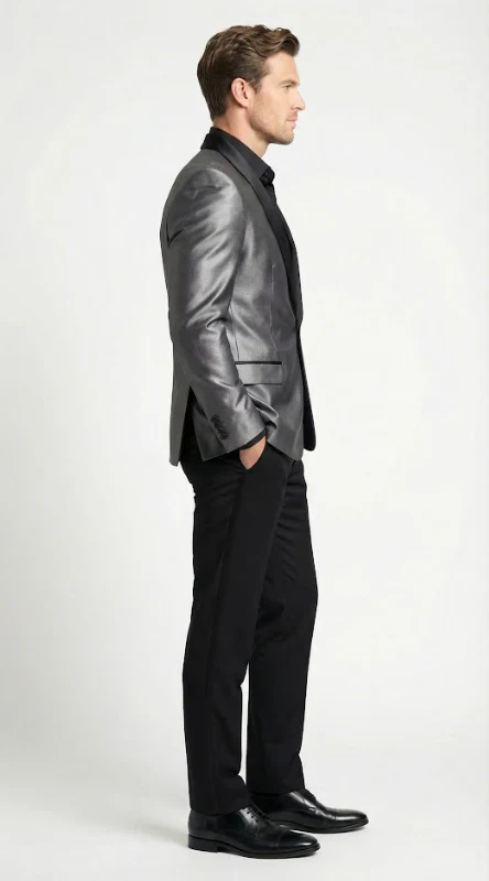 Men’s Shiny Charcoal Grey Blazer – Sharkskin Dinner Jacket Shawl Collar - Image 3