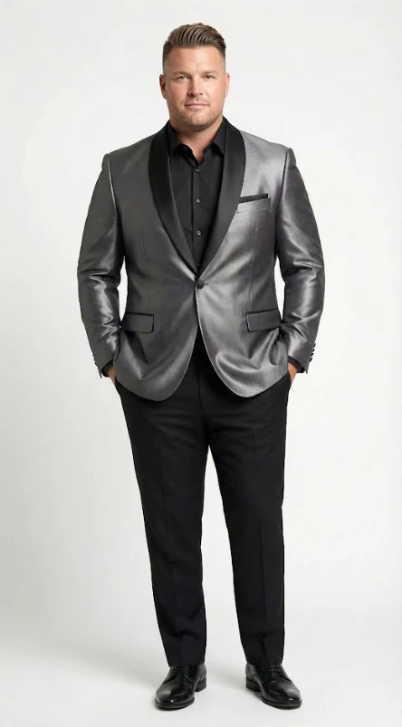 Men’s Shiny Charcoal Grey Blazer – Sharkskin Dinner Jacket Shawl Collar - Image 4