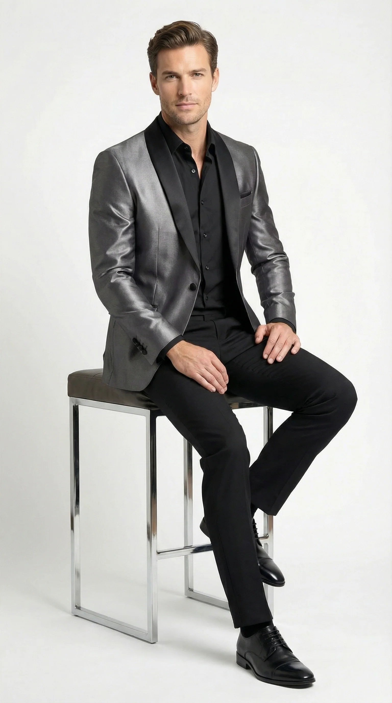 Men’s Shiny Charcoal Grey Blazer – Sharkskin Dinner Jacket Shawl Collar - Image 5