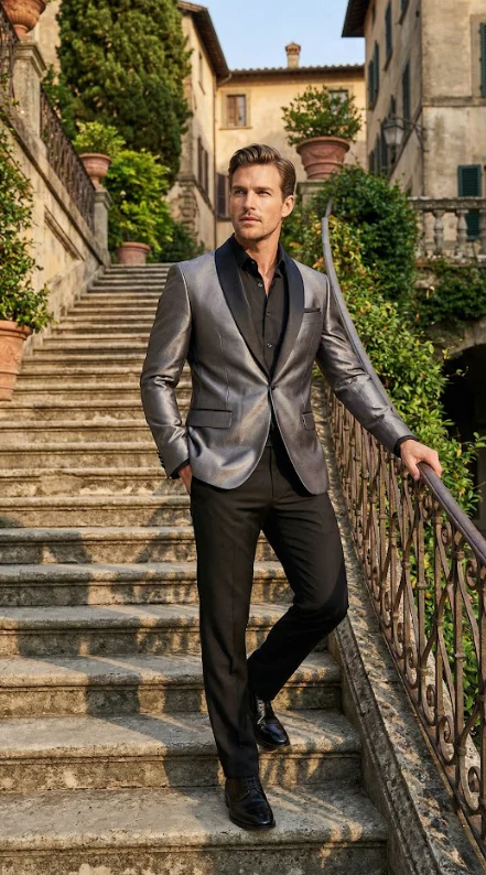 Men’s Shiny Charcoal Grey Blazer – Sharkskin Dinner Jacket Shawl Collar - Image 7