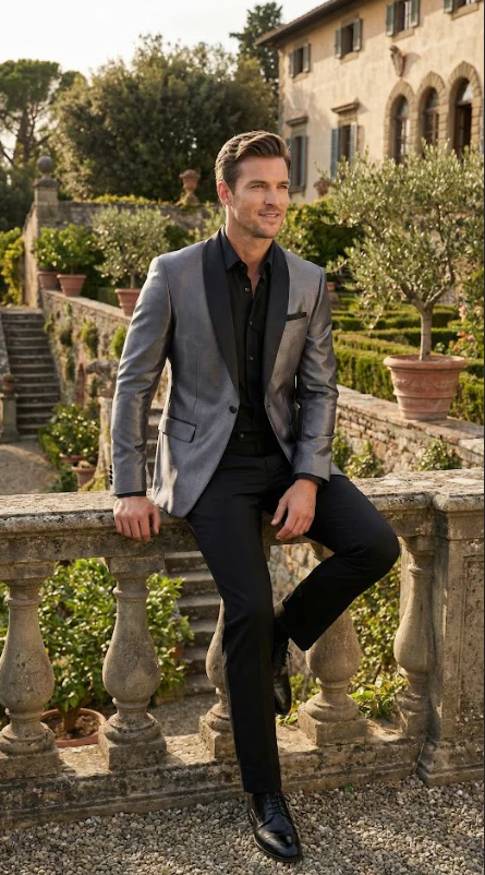 Men’s Shiny Charcoal Grey Blazer – Sharkskin Dinner Jacket Shawl Collar - Image 8