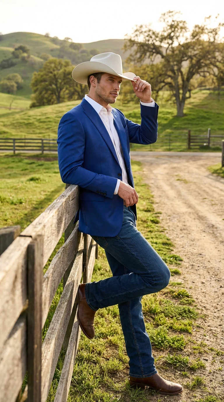 Men’s Shiny Royal Blue Cowboy Blazer – Western Style Satin Finish Blazer for Party, Country Events and Evening Wear - Image 11