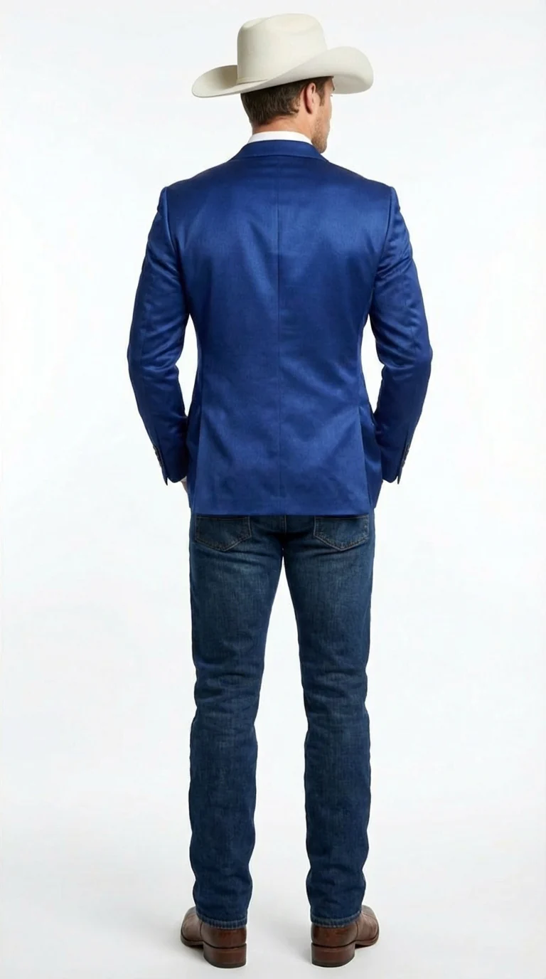 Men’s Shiny Royal Blue Cowboy Blazer – Western Style Satin Finish Blazer for Party, Country Events and Evening Wear - Image 2