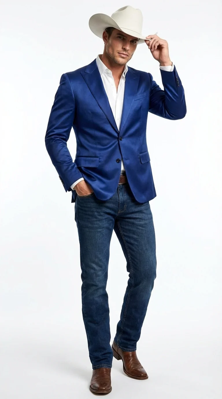 Men’s Shiny Royal Blue Cowboy Blazer – Western Style Satin Finish Blazer for Party, Country Events and Evening Wear - Image 3
