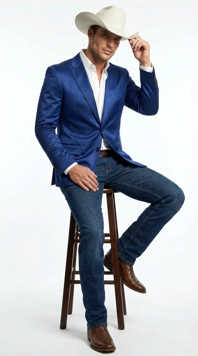 Men’s Shiny Royal Blue Cowboy Blazer – Western Style Satin Finish Blazer for Party, Country Events and Evening Wear - Image 4