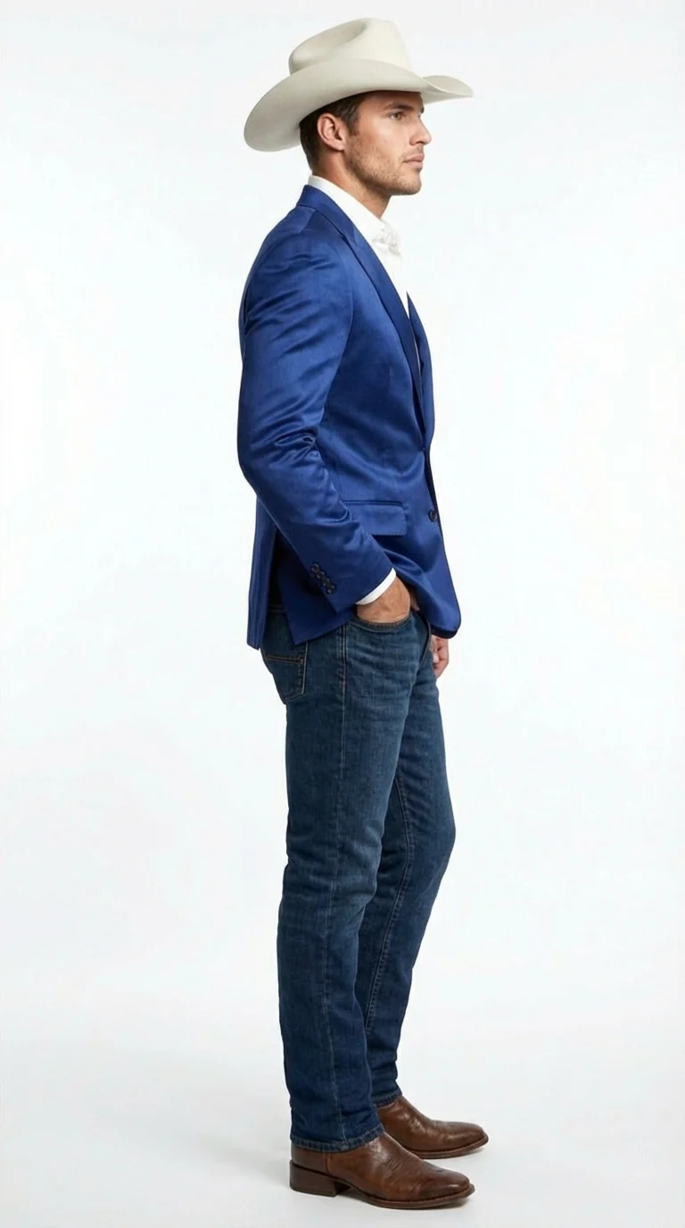 Men’s Shiny Royal Blue Cowboy Blazer – Western Style Satin Finish Blazer for Party, Country Events and Evening Wear - Image 5