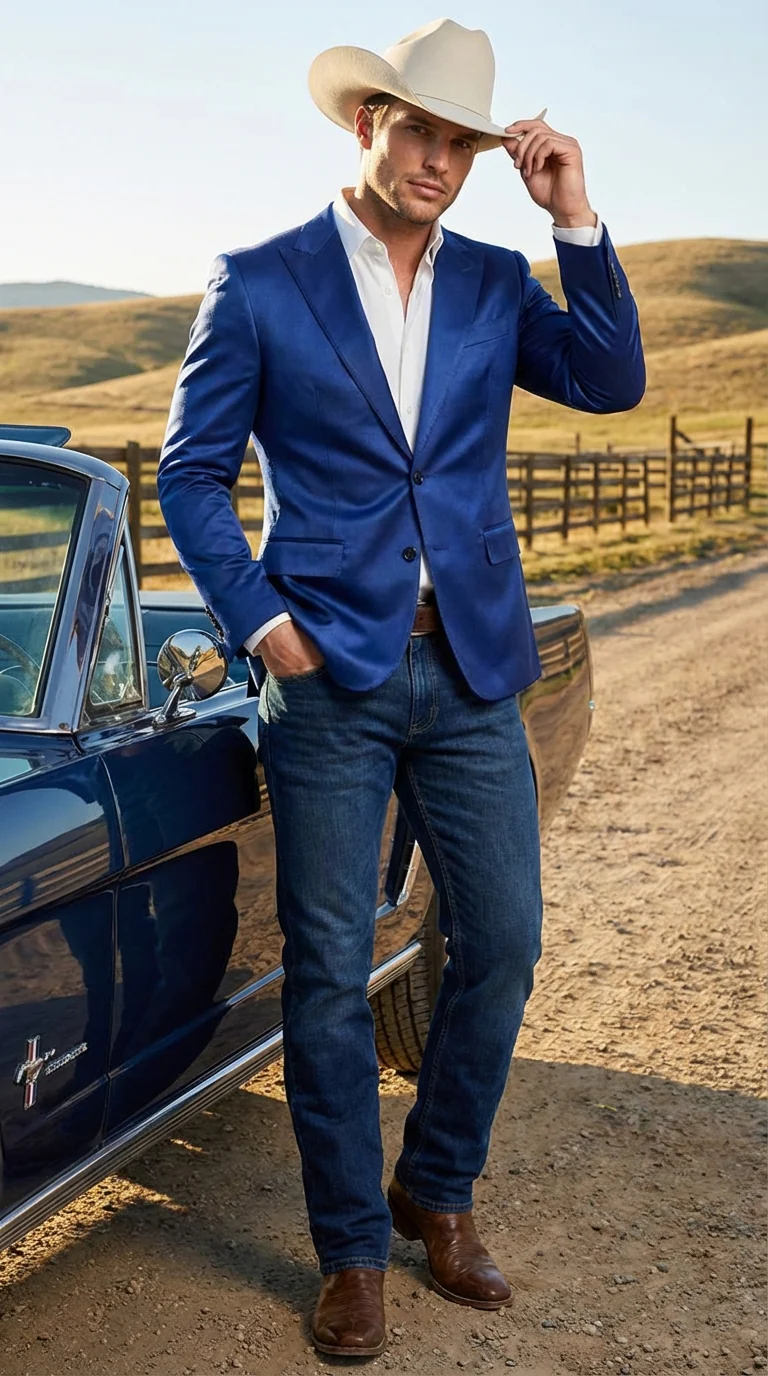 Men’s Shiny Royal Blue Cowboy Blazer – Western Style Satin Finish Blazer for Party, Country Events and Evening Wear - Image 7