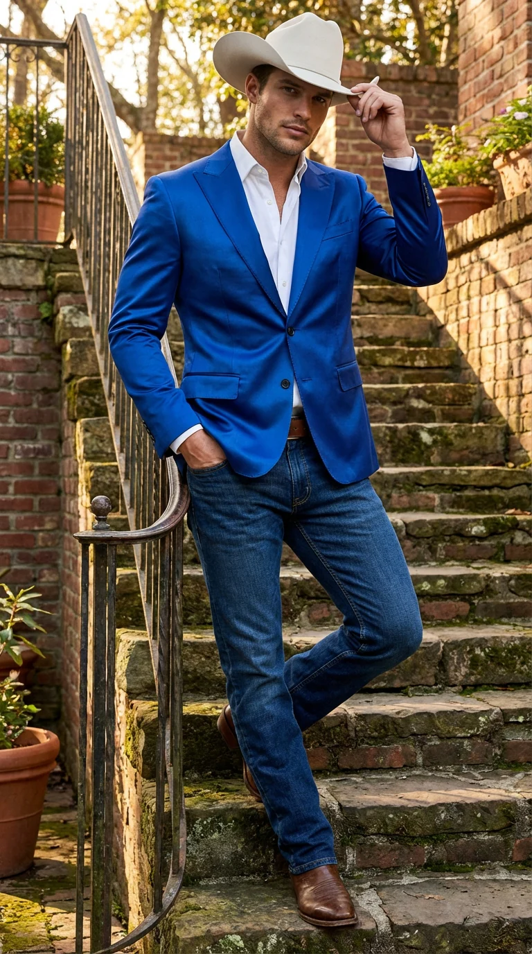 Men’s Shiny Royal Blue Cowboy Blazer – Western Style Satin Finish Blazer for Party, Country Events and Evening Wear - Image 8
