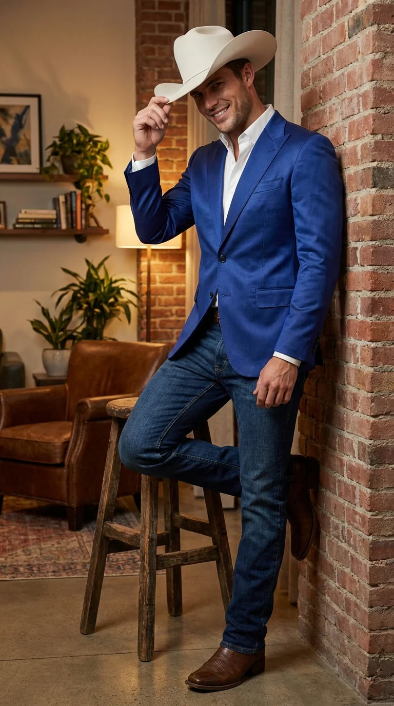 Men’s Shiny Royal Blue Cowboy Blazer – Western Style Satin Finish Blazer for Party, Country Events and Evening Wear - Image 9