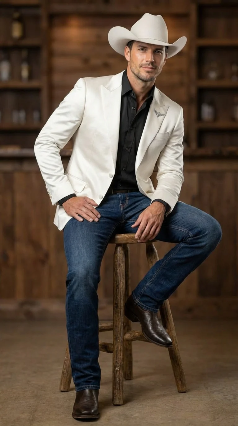 Men’s Shiny White Cowboy Blazer – Western Style Satin Finish Blazer for Party, Country Events and Evening Wear - Image 12