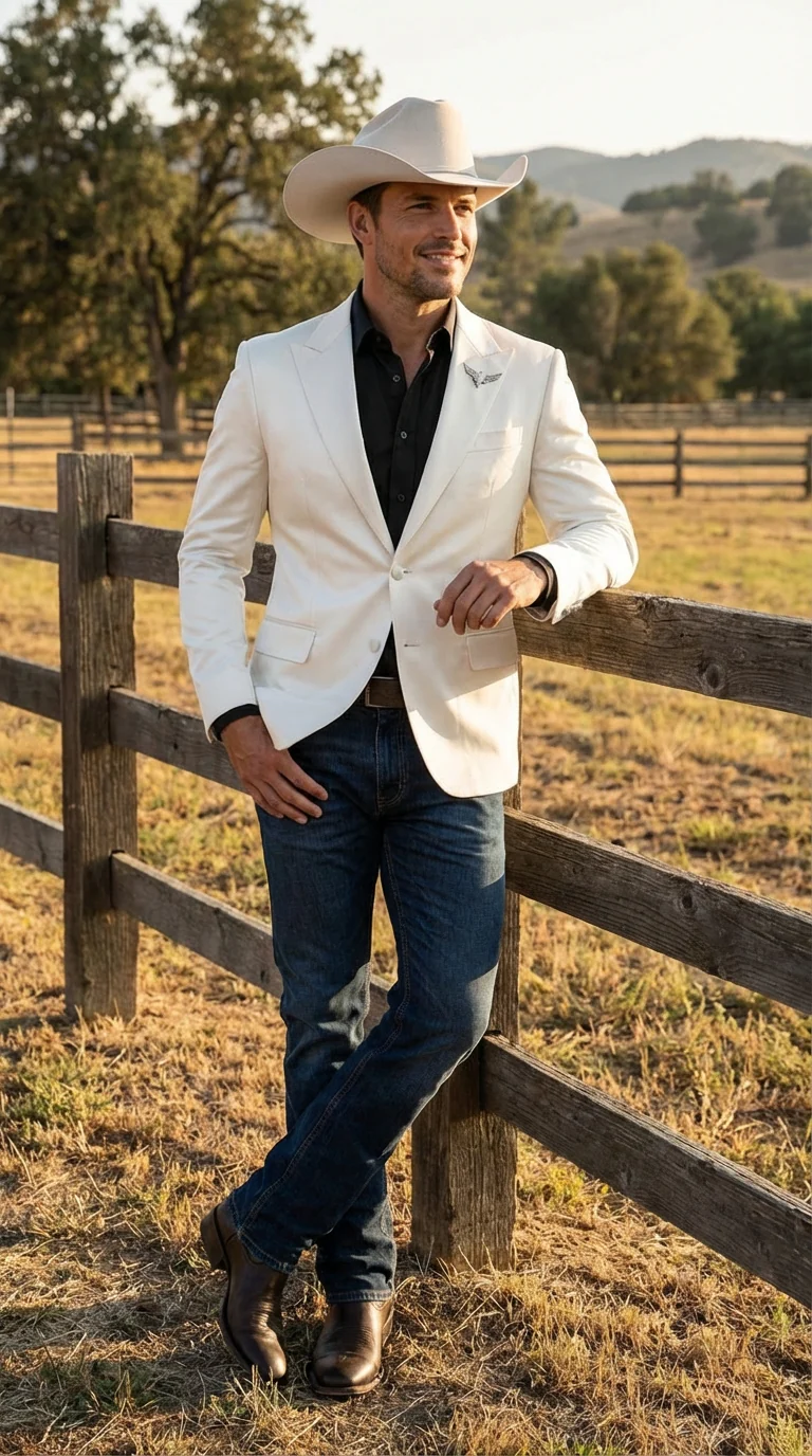 Men’s Shiny White Cowboy Blazer – Western Style Satin Finish Blazer for Party, Country Events and Evening Wear - Image 5