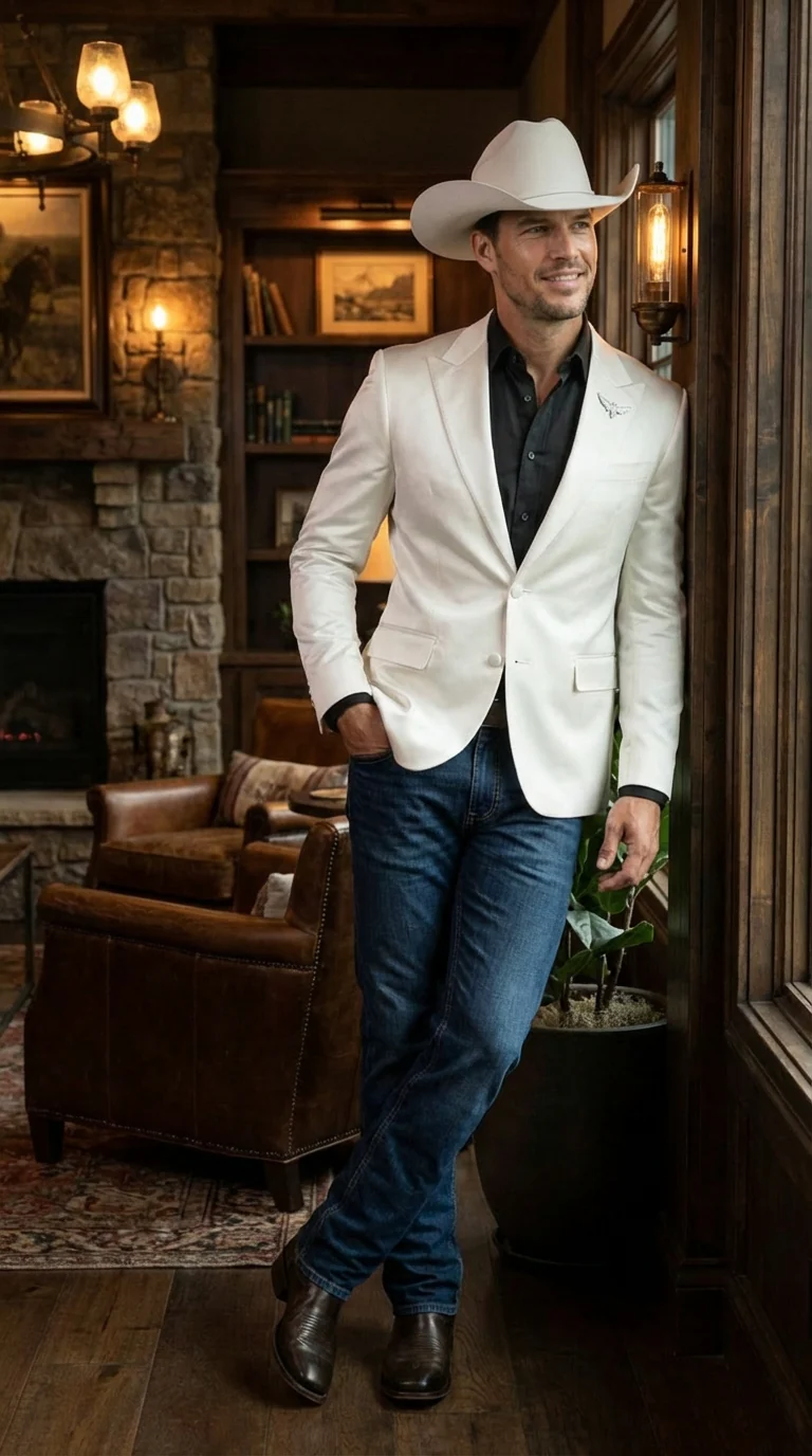 Men’s Shiny White Cowboy Blazer – Western Style Satin Finish Blazer for Party, Country Events and Evening Wear - Image 9
