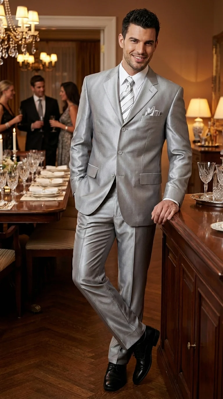 Men’s Silver Grey Sharkskin Suit – 3 Button Classic Fit Shiny Formal Suit for Wedding, Business and Party Wear - Image 10