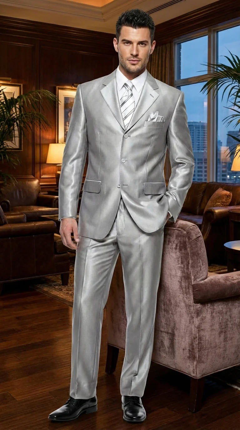 Men’s Silver Grey Sharkskin Suit – 3 Button Classic Fit Shiny Formal Suit for Wedding, Business and Party Wear - Image 12