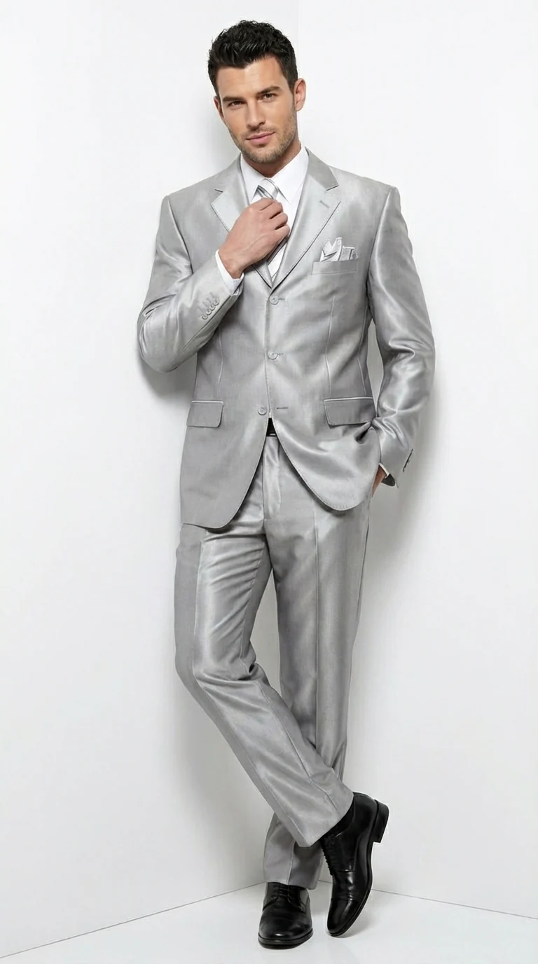 Men’s Silver Grey Sharkskin Suit – 3 Button Classic Fit Shiny Formal Suit for Wedding, Business and Party Wear - Image 3