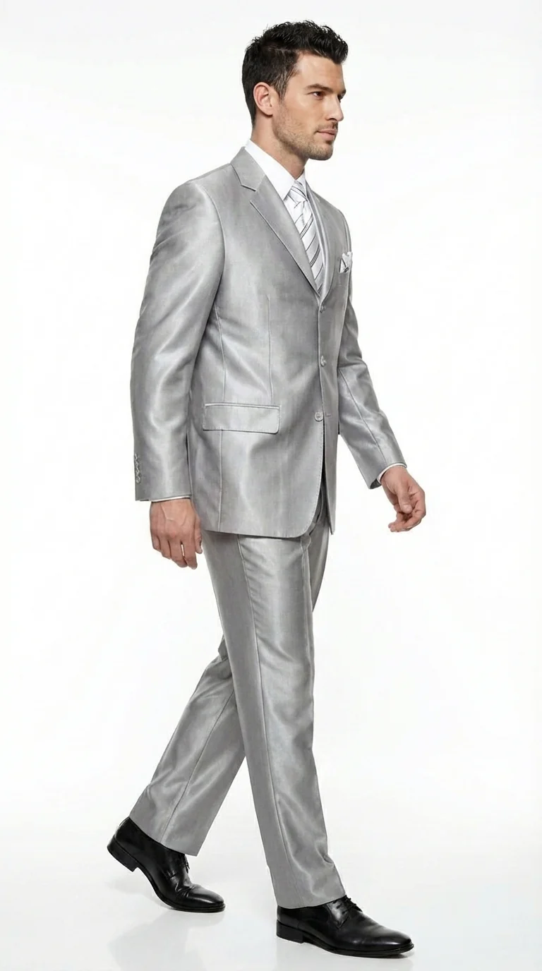 Men’s Silver Grey Sharkskin Suit – 3 Button Classic Fit Shiny Formal Suit for Wedding, Business and Party Wear - Image 4