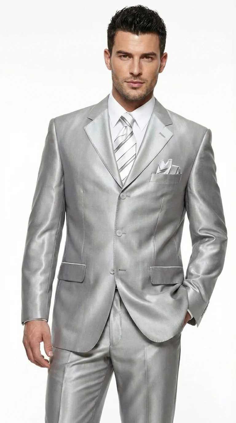 Men’s Silver Grey Sharkskin Suit – 3 Button Classic Fit Shiny Formal Suit for Wedding, Business and Party Wear - Image 5
