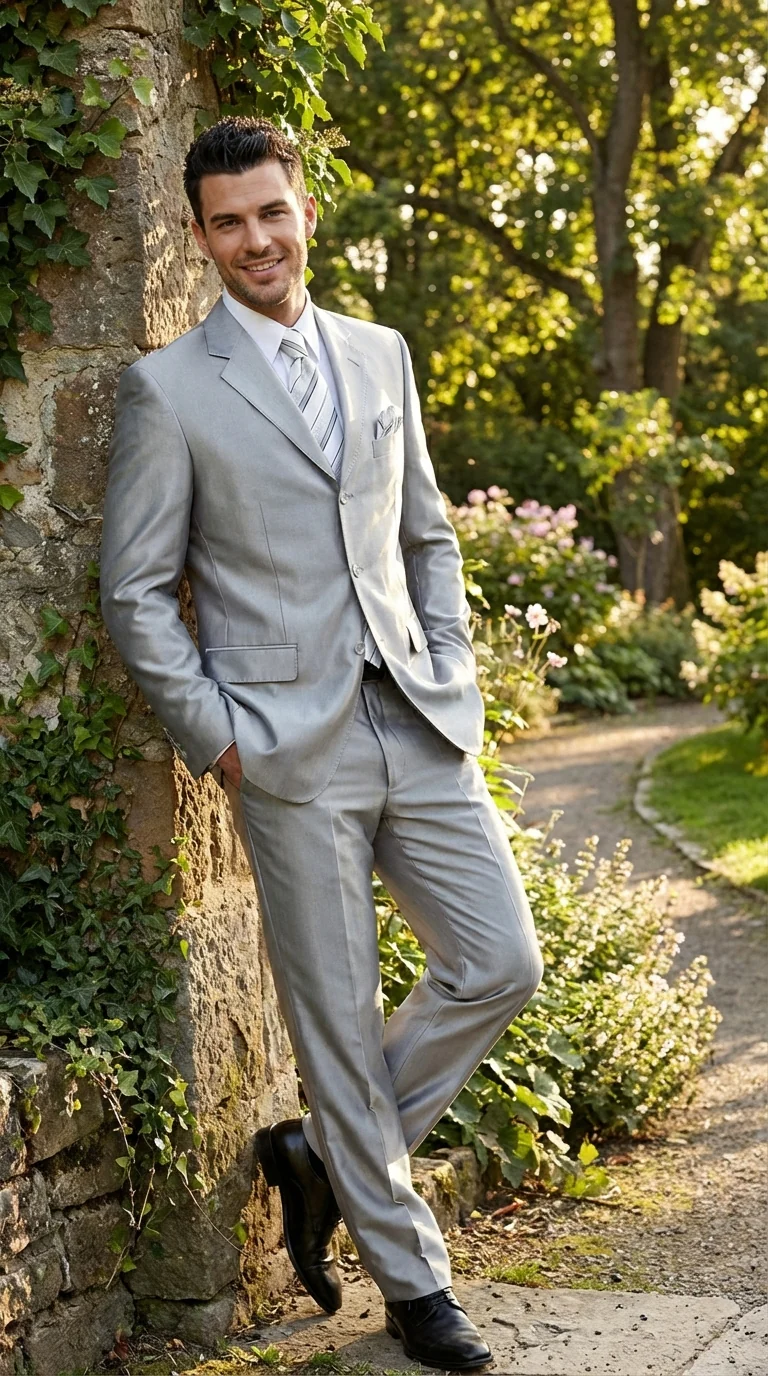 Men’s Silver Grey Sharkskin Suit – 3 Button Classic Fit Shiny Formal Suit for Wedding, Business and Party Wear - Image 9