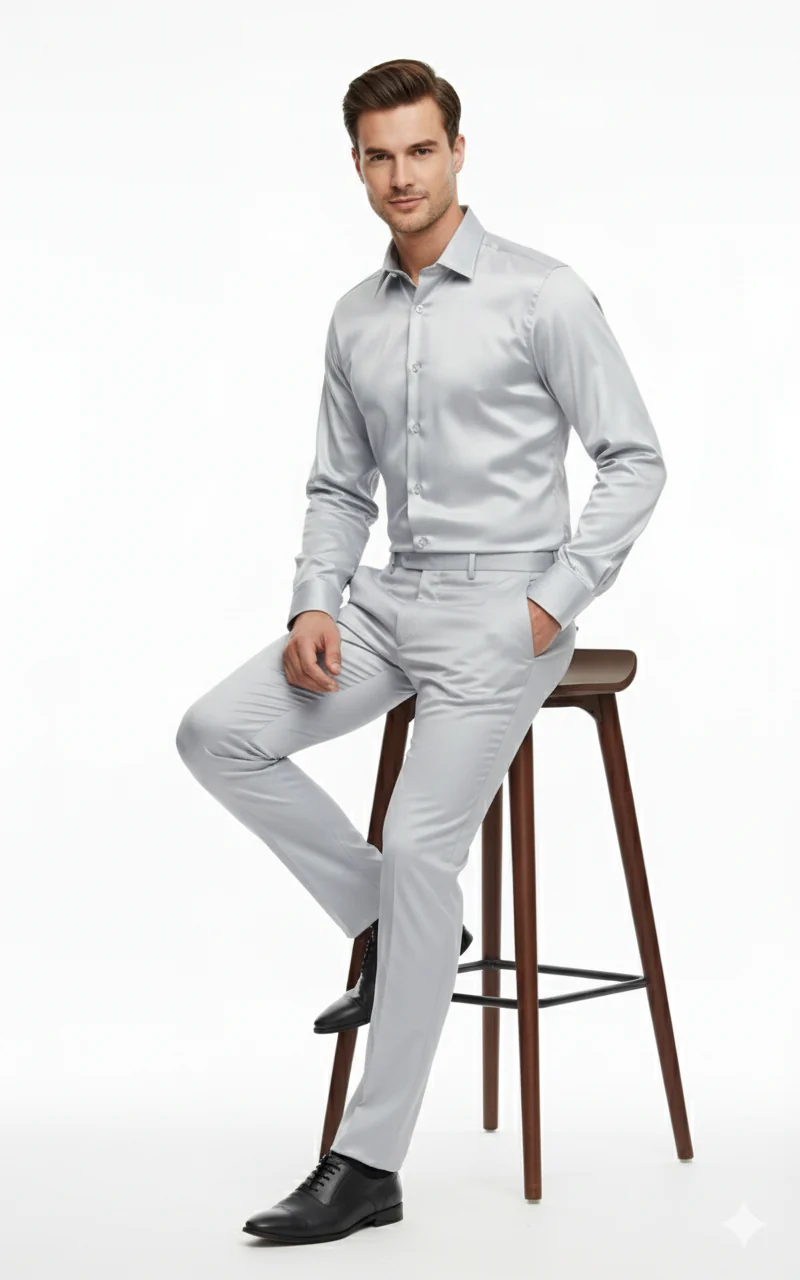 Men’s Silver Satin Dress Shirt and Pants Set – Luxury Slim Fit Outfit for Parties, Weddings, and Formal Events - Image 5