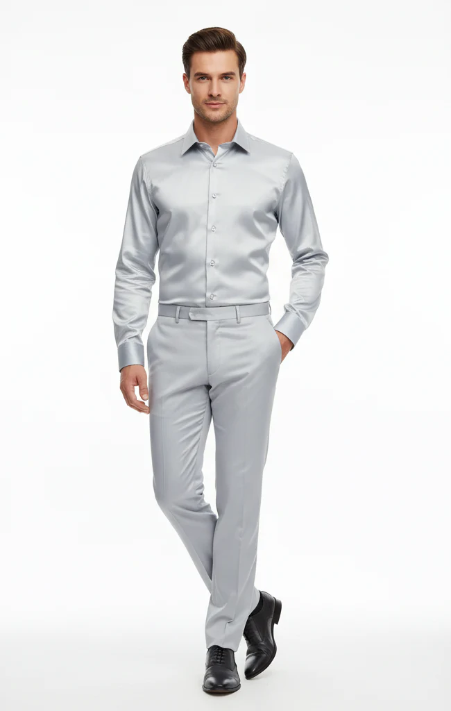 Men’s Silver Satin Dress Shirt and Pants Set – Luxury Slim Fit Outfit for Parties, Weddings, and Formal Events - Image 8