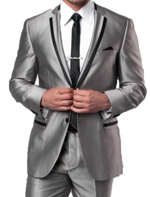 Men’s Silver Sharkskin Tuxedo Suit with Black Piping – Shiny Two Button Formal Suit for Wedding, Prom and Party Wear - Image 14