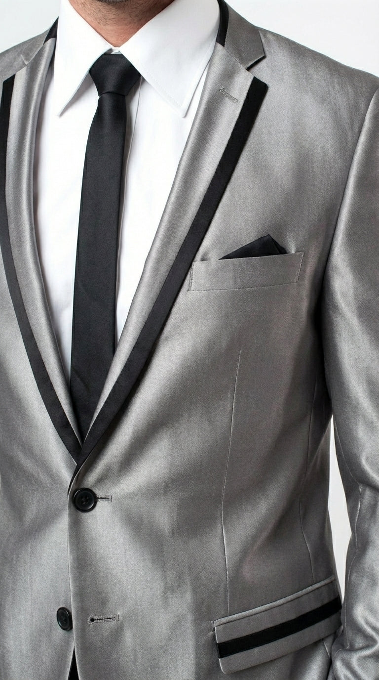 Men’s Silver Sharkskin Tuxedo Suit with Black Piping – Shiny Two Button Formal Suit for Wedding, Prom and Party Wear - Image 15