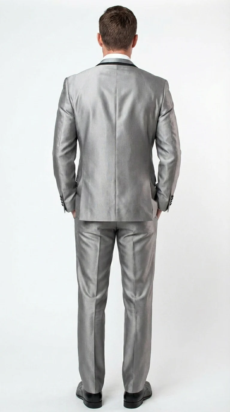 Men’s Silver Sharkskin Tuxedo Suit with Black Piping – Shiny Two Button Formal Suit for Wedding, Prom and Party Wear - Image 2