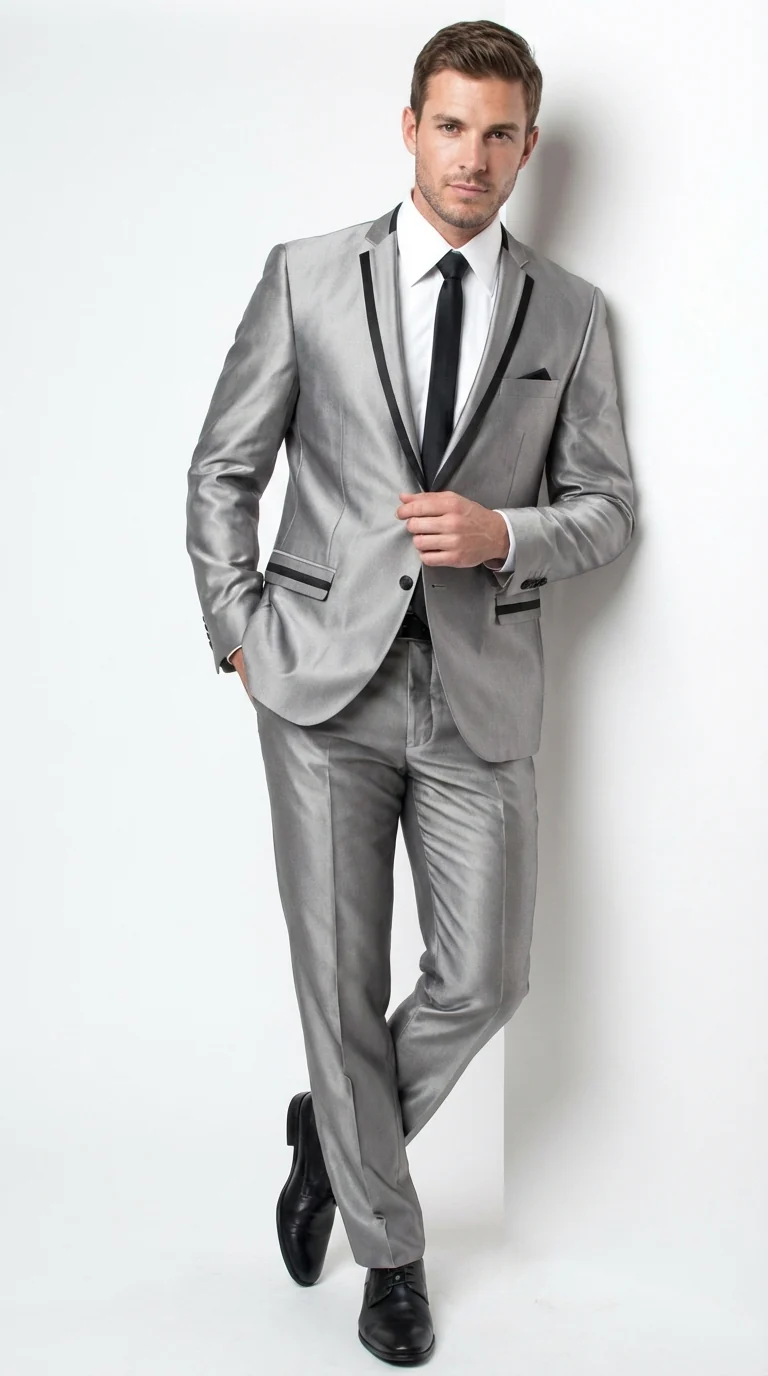 Men’s Silver Sharkskin Tuxedo Suit with Black Piping – Shiny Two Button Formal Suit for Wedding, Prom and Party Wear - Image 3