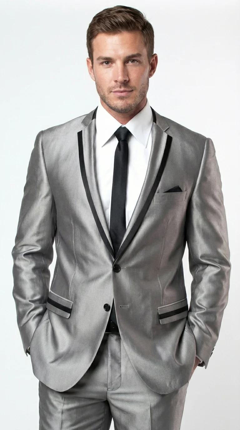 Men’s Silver Sharkskin Tuxedo Suit with Black Piping – Shiny Two Button Formal Suit for Wedding, Prom and Party Wear - Image 5