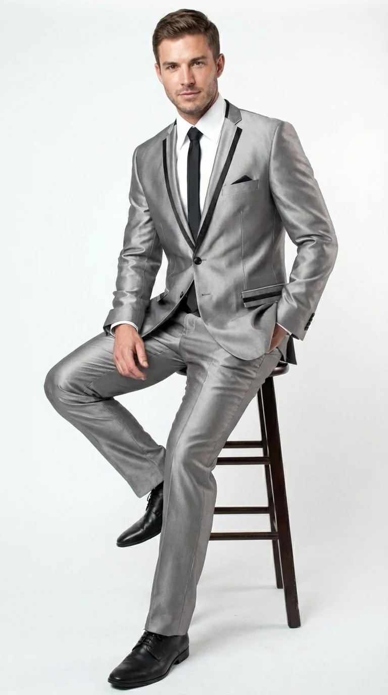 Men’s Silver Sharkskin Tuxedo Suit with Black Piping – Shiny Two Button Formal Suit for Wedding, Prom and Party Wear - Image 8